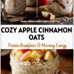 Jar of apple cinnamon overnight oats topped with fresh apples and chia seeds on a rustic table.